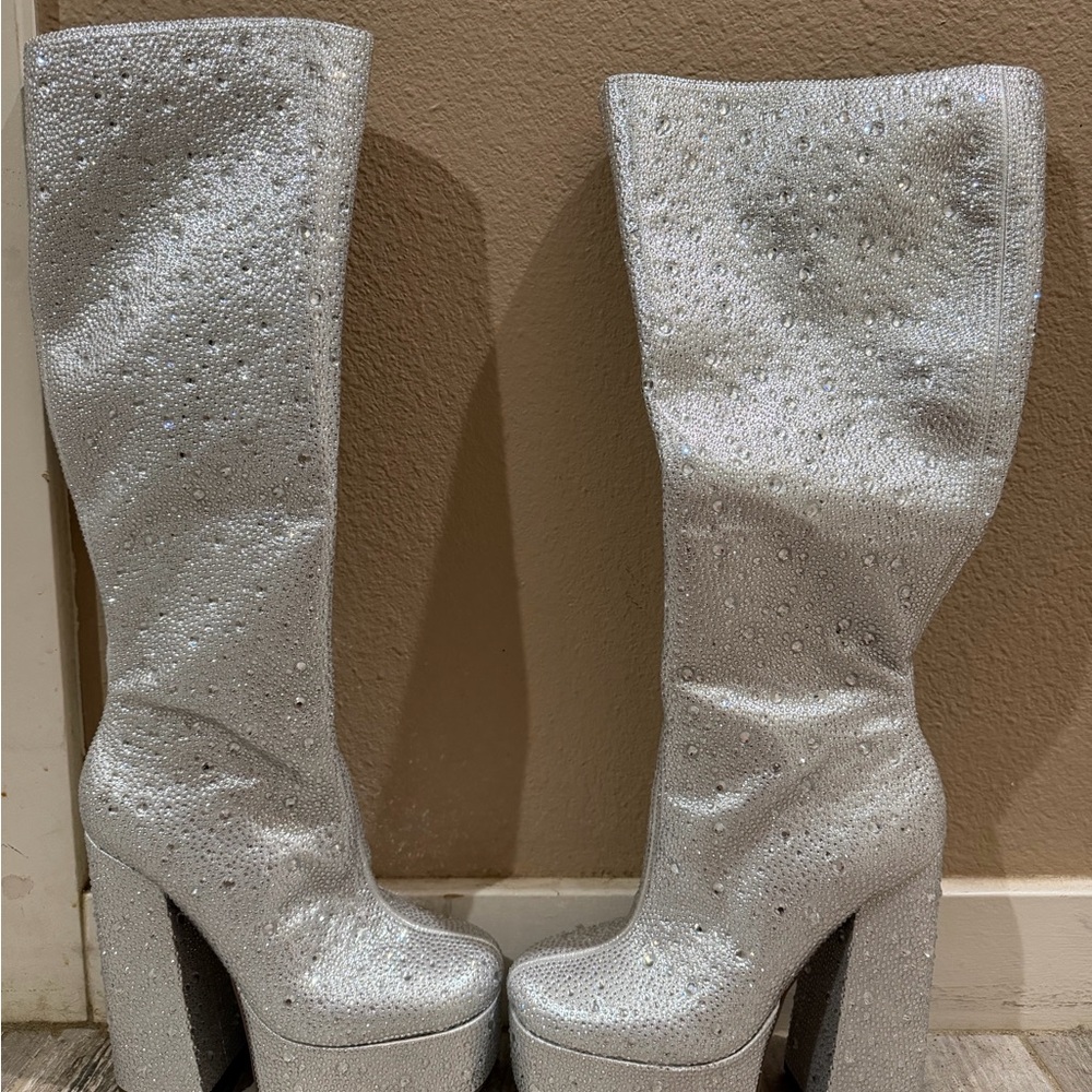 Silver Rhinestone Embellished Platform Knee-High Women's Boots